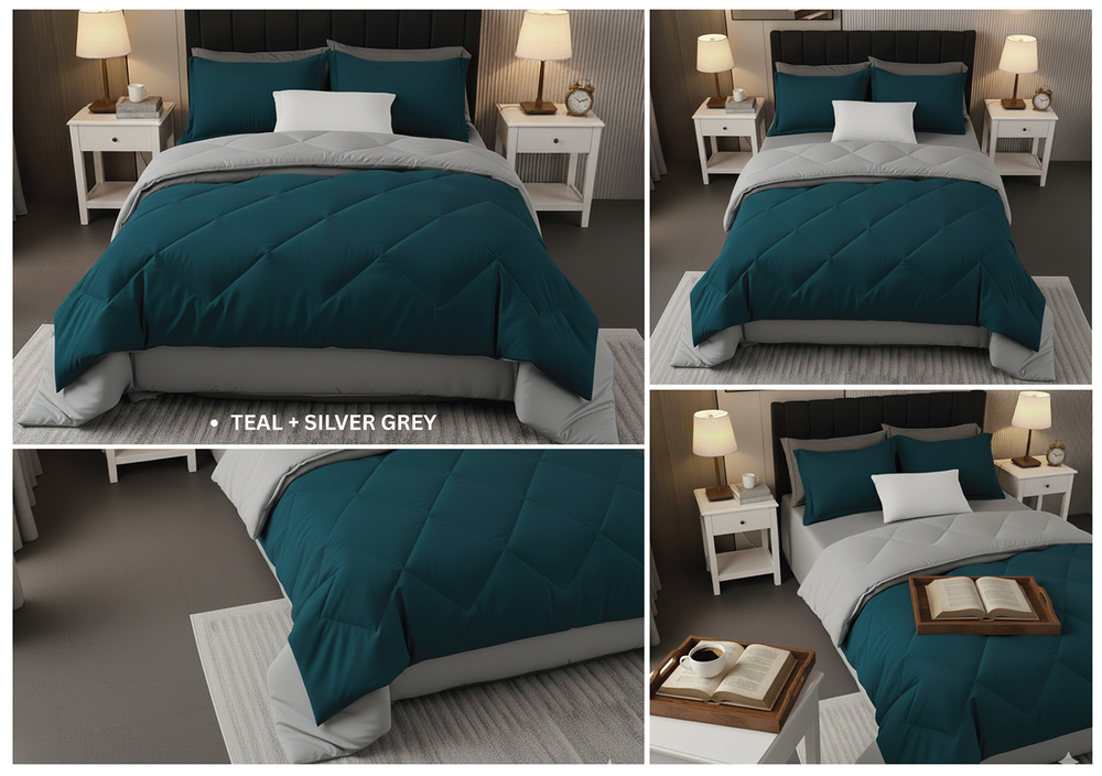 Teal Silver Grey Solid Reversible Comforter