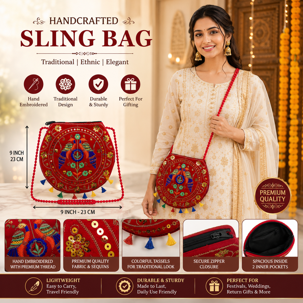 Red Designer Sling Bag with Multicolor Thread Work