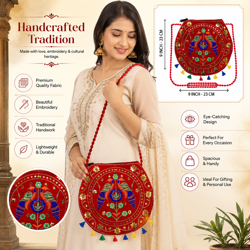 Handcrafted Traditional Shoulder Bag For Women - Color: Red