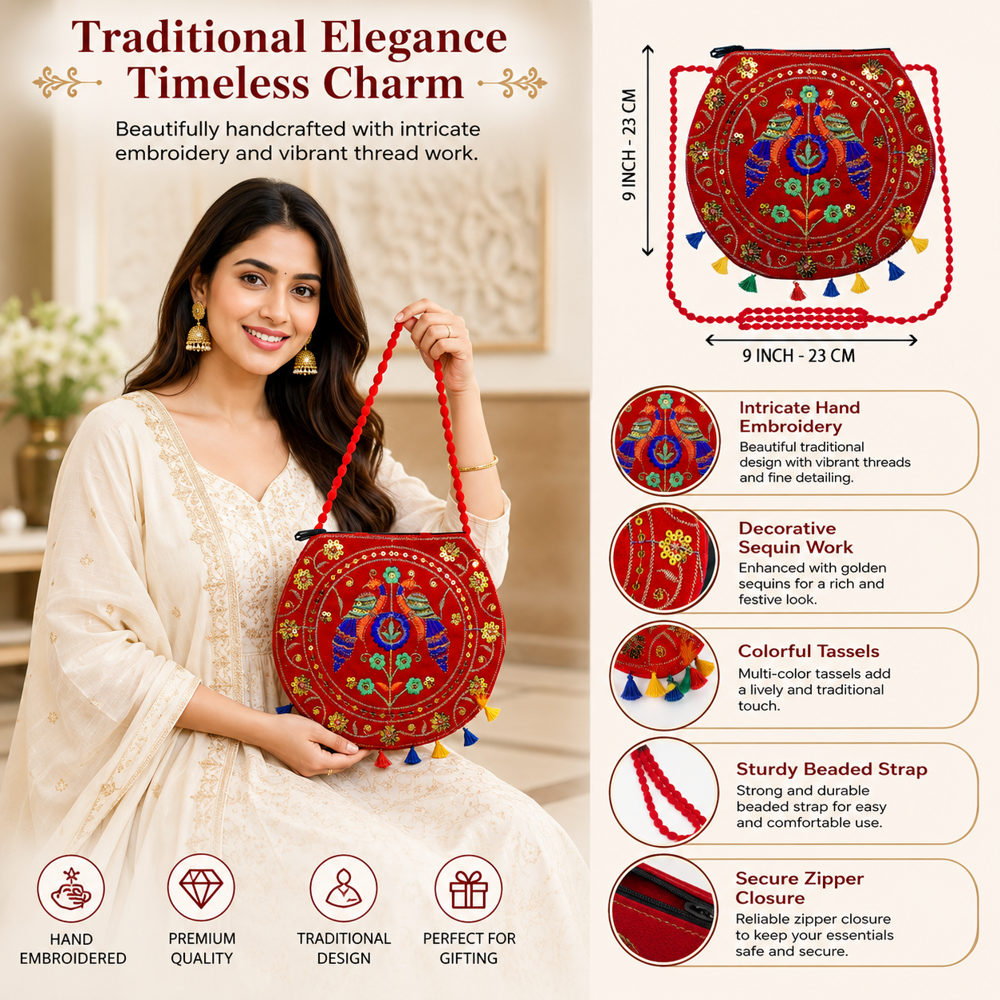 Red Festive Sling Bag With Traditional Handwork - Gender: Women