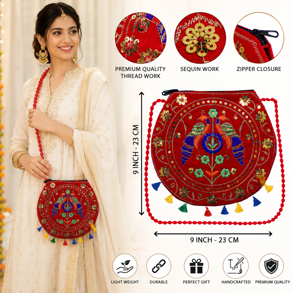Traditional Embroidery Shoulder Purse For Women - Color: Red