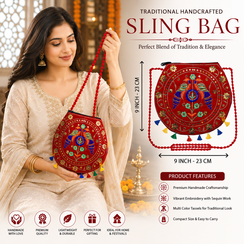 Red Ethnic Sling Bag With Designer Peacock Work - Design: Traditional