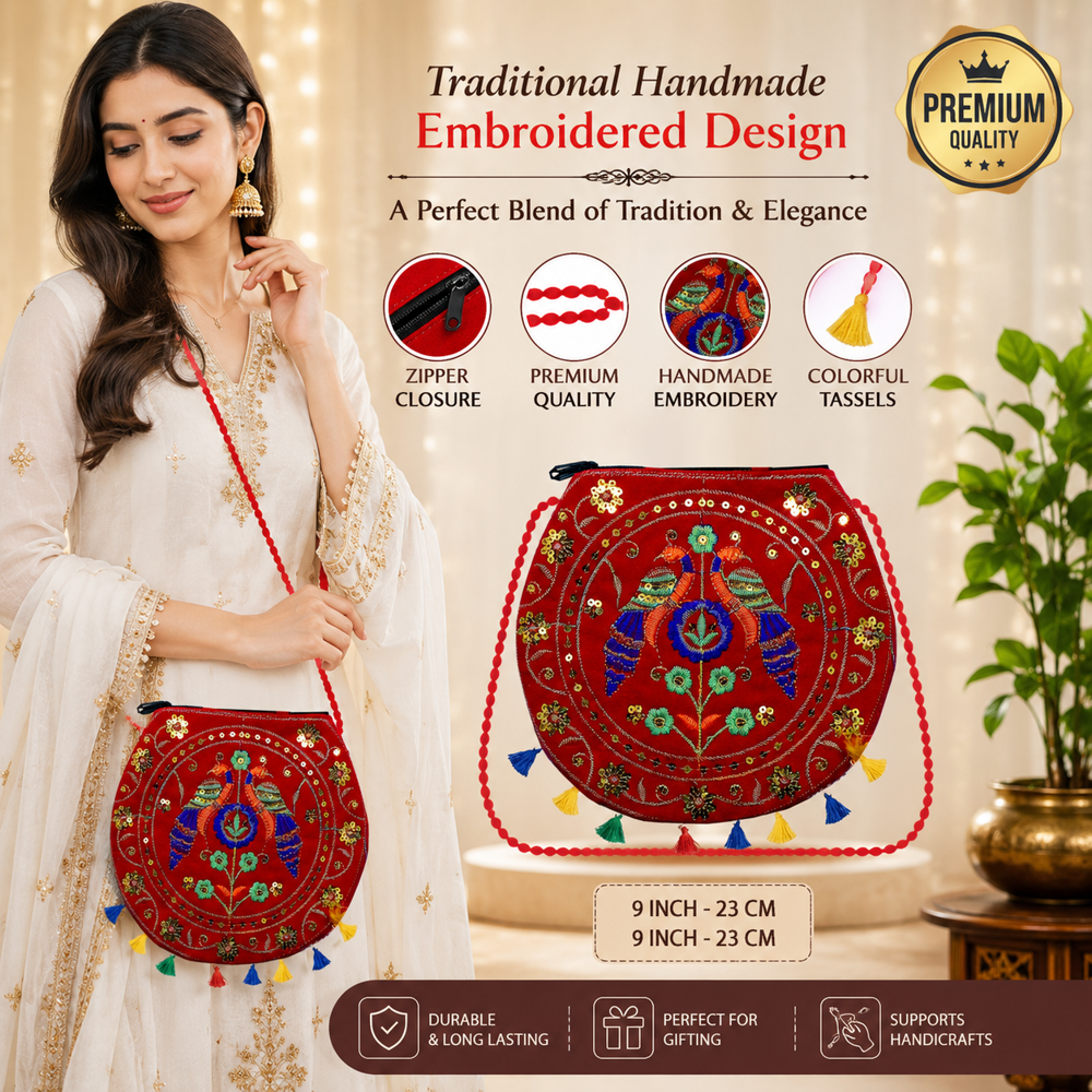 Red Ethnic Sling Bag with Designer Peacock Work