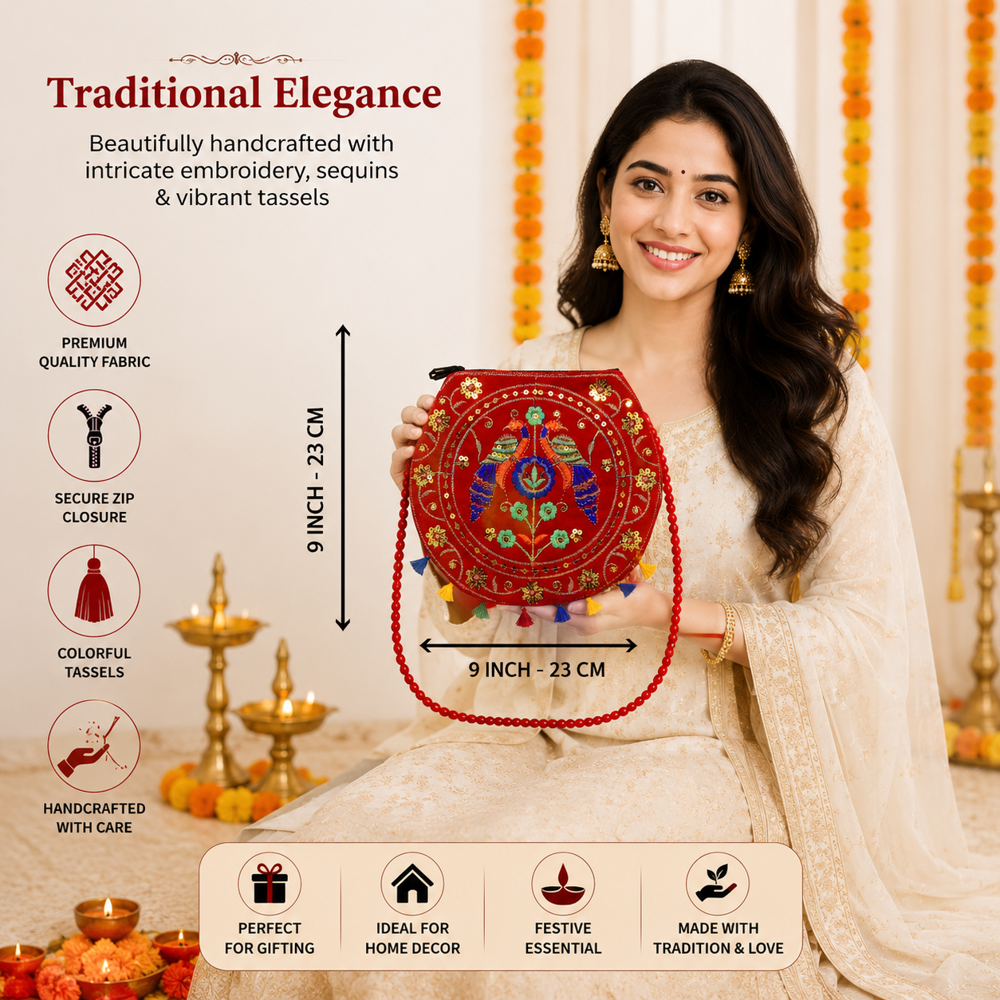 Women Hand Embroidered Sling Bag With Long Strap - Color: Red