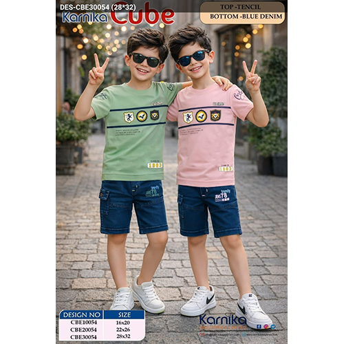 Karnika Cube Tencil T-Shirt with Blue Denim Shorts