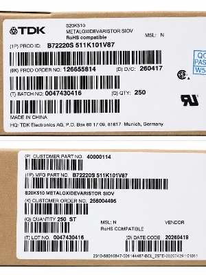 TDK EPCOS S20K510 Metal Oxide Varistor (SIOV) 510V 20mm (B72220S0511K101)