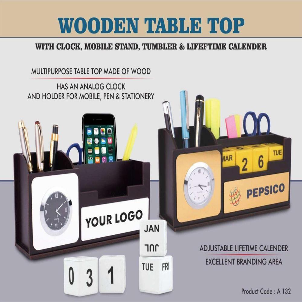 Wooden Table Top With Clock - Color: Dark Brown And Black