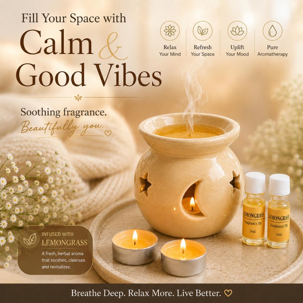 AuraDecor GS-02 Aroma Oil Burner Gift Set ( Medium ) Cream LemonGrass