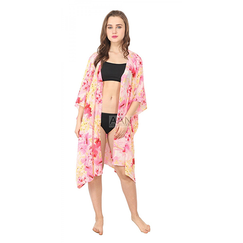 Floral Red Beach Cover Up Cardigan Kaftan, Beachwear Sheer Kaftan