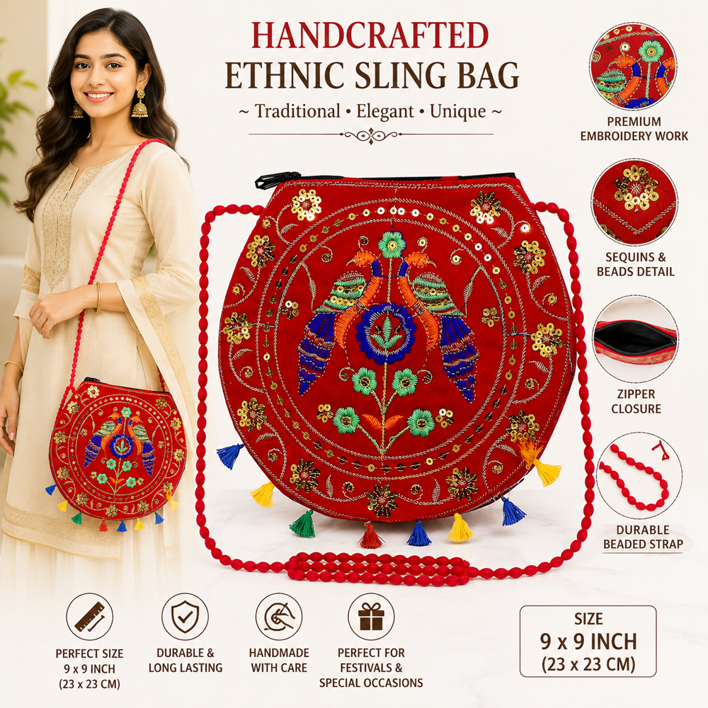 Ethnic Peacock Embroidery Sling Bag for Women