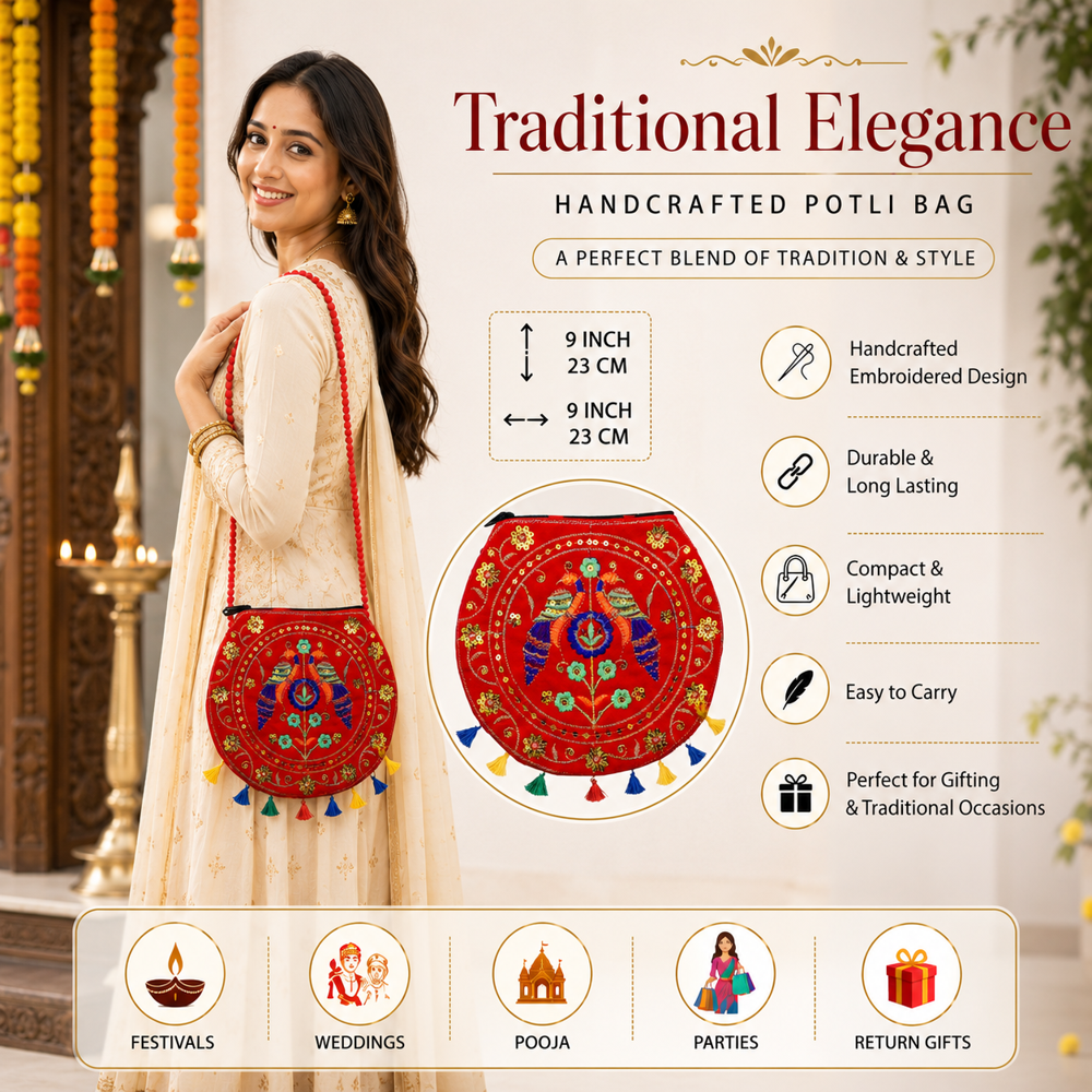 Red Handcrafted Designer Sling Purse For Women - Design: Traditional