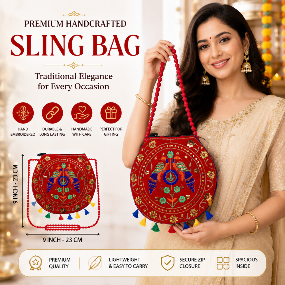 Women Traditional Sling Bag With Colorful Tassels - Color: Red