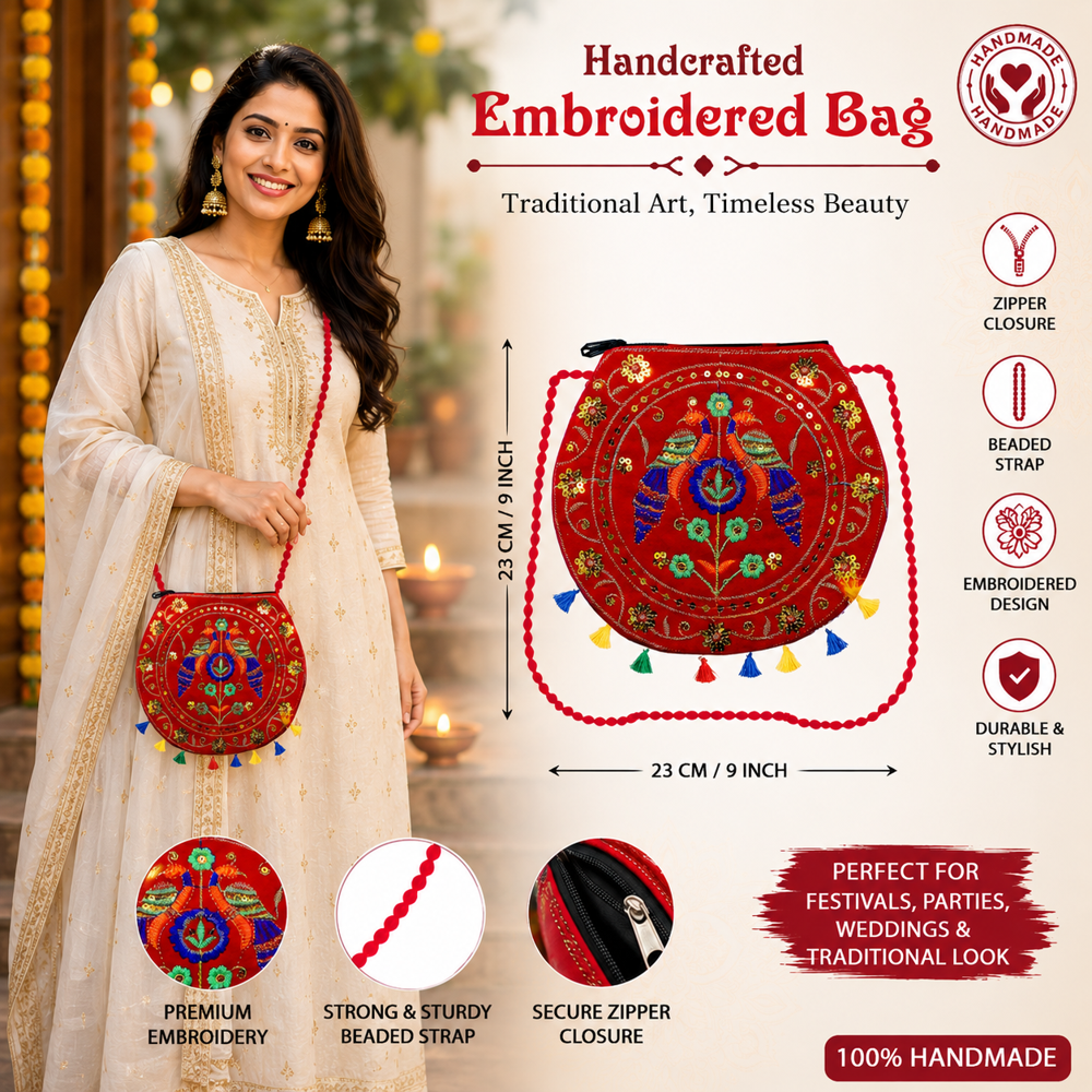 Premium Red Embroidered Sling Bag For Women - Design: Traditional