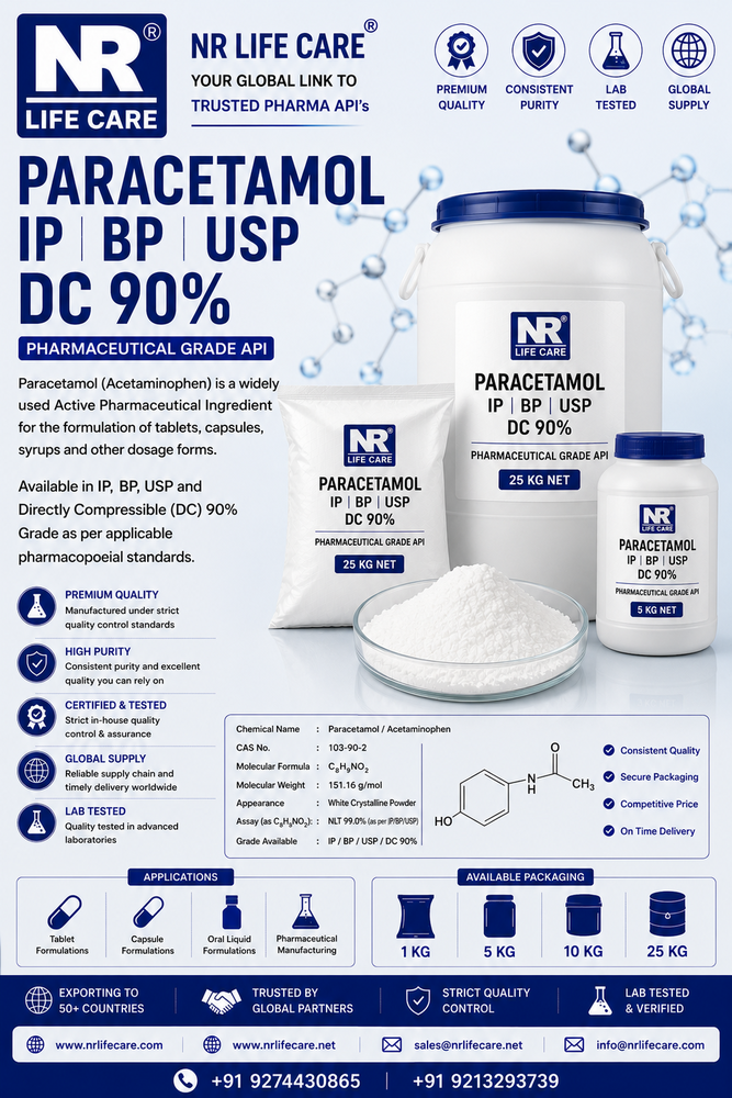 Paracetamol IP BP USP DC 90% API with DMF support