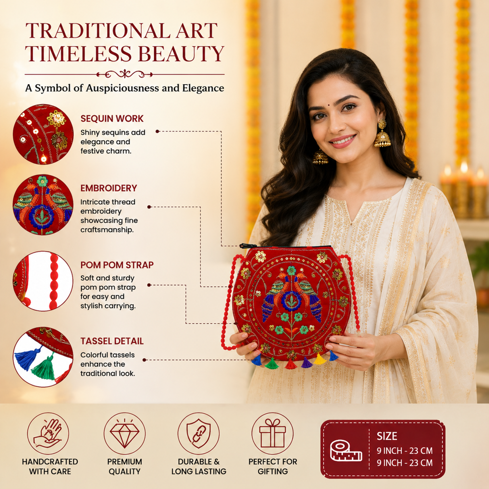 Traditional Red Crossbody Bag With Embroidery Work - Gender: Women