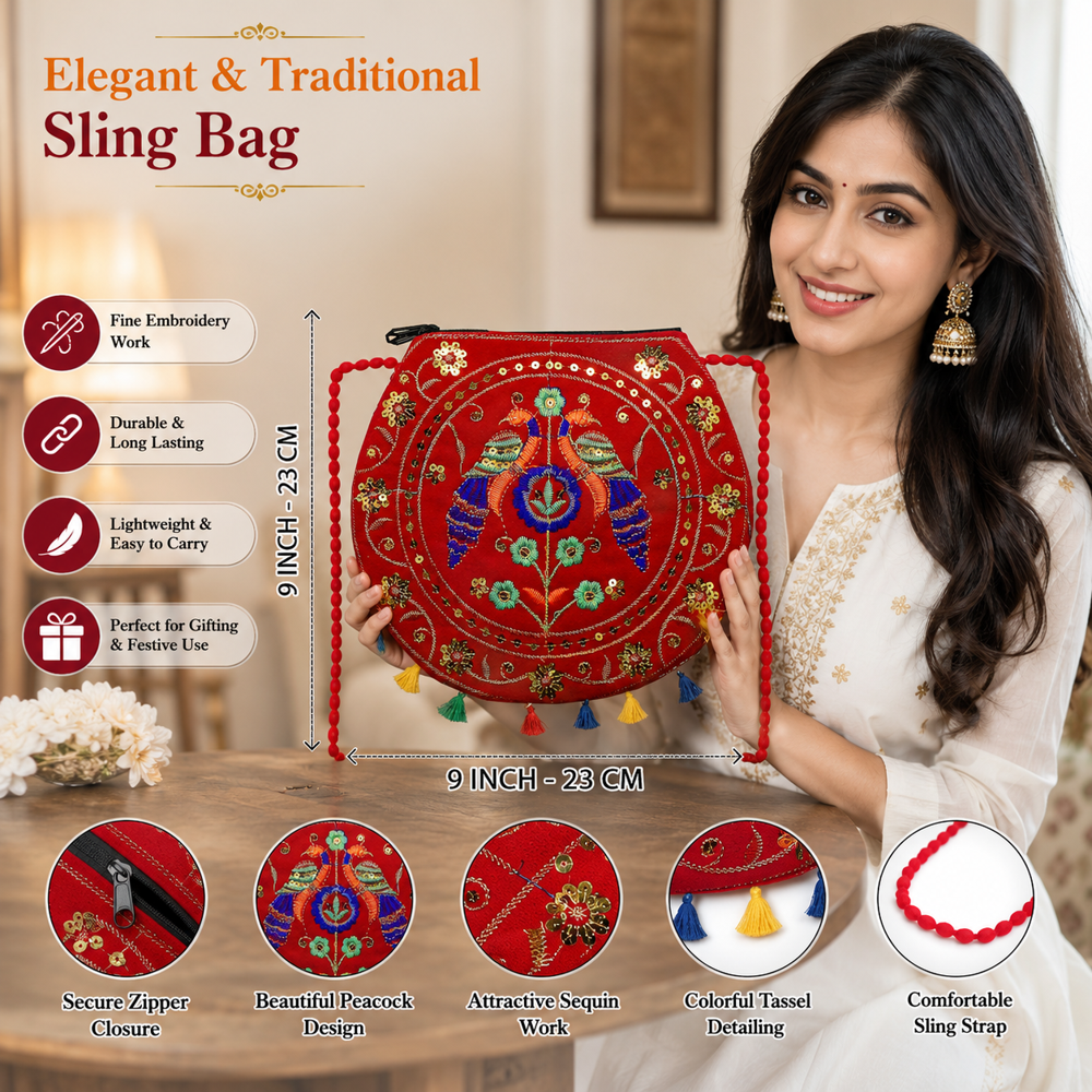 Ethnic Embroidery Crossbody Shoulder Bag For Girls - Color: Red