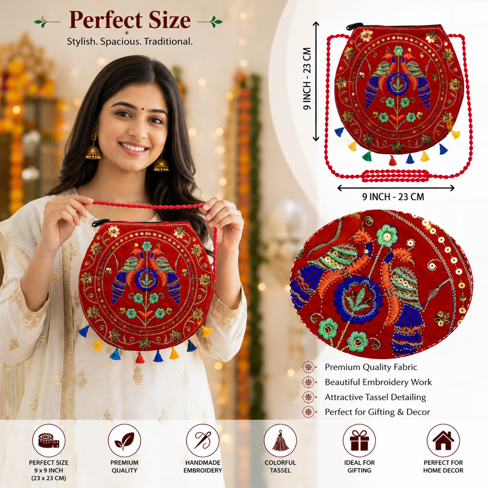 Designer Red Sling Bag With Sequin & Thread Work - Design: Traditional