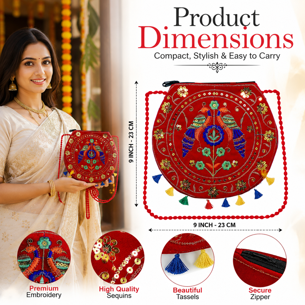 Women Red Ethnic Crossbody Bag With Tassels - Design: Traditional