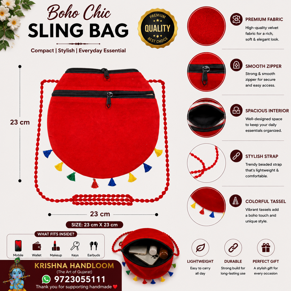 Red Handwork Sling Bag for Women & Girls