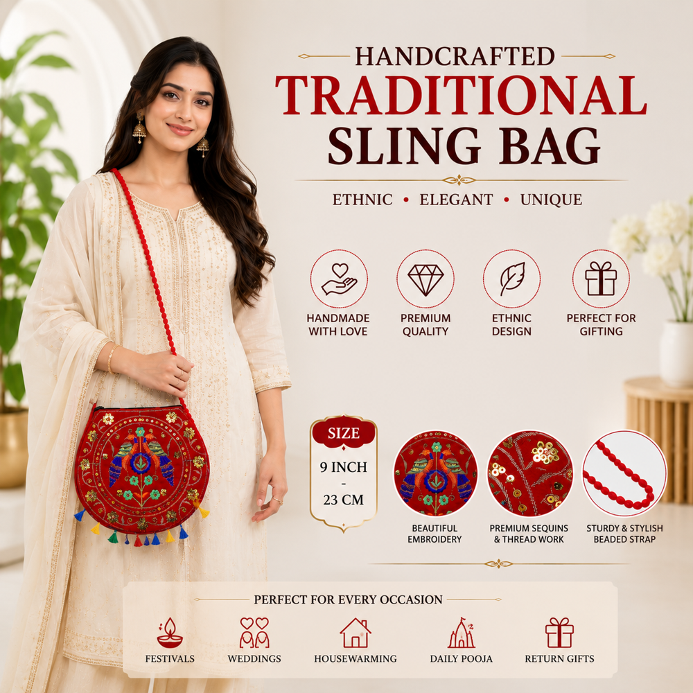 Red Handwork Sling Bag for Women & Girls