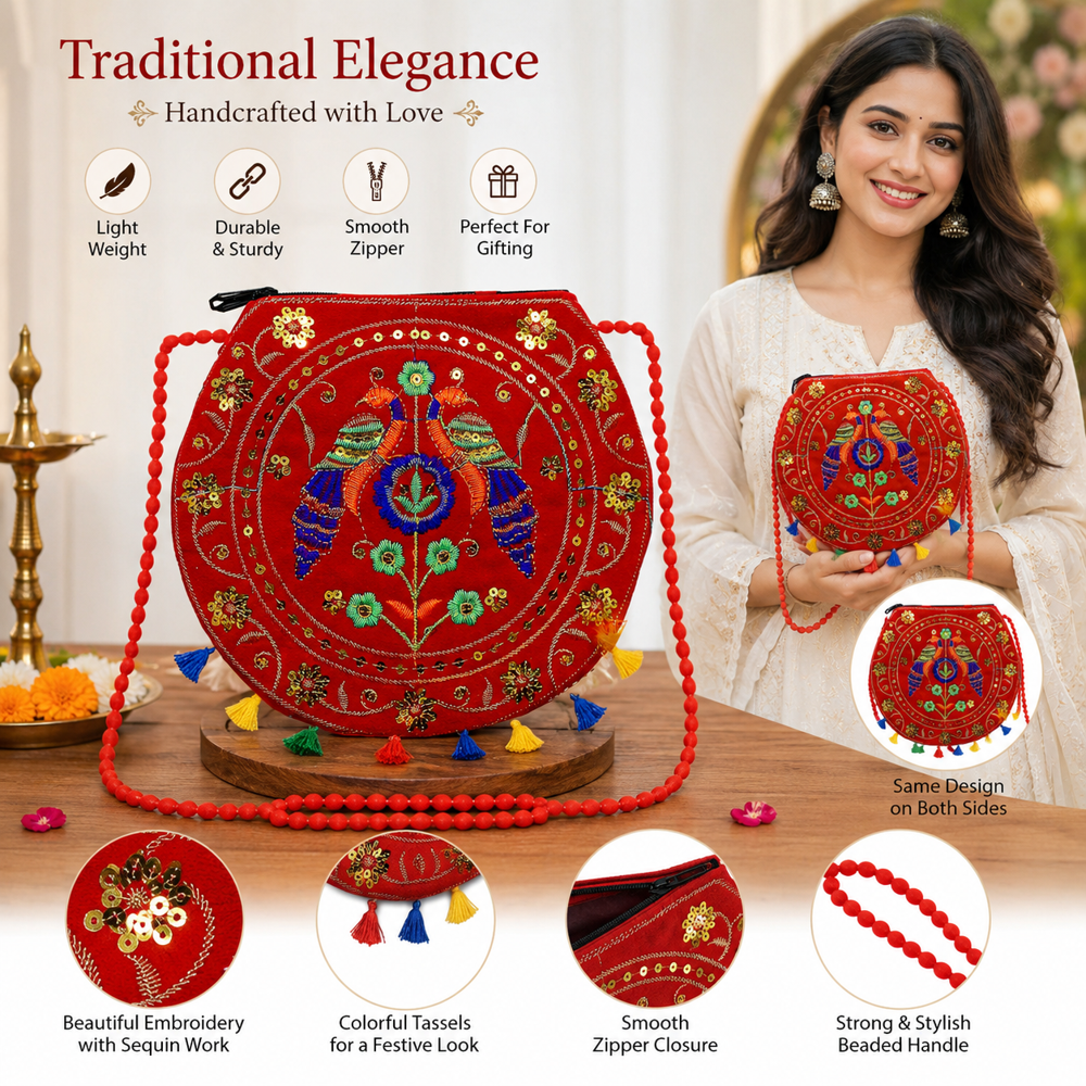 Women Ethnic Designer Crossbody Sling Purse - Color: Red