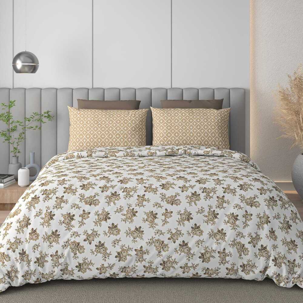 Beige Golden Floral Bedsheet with pillow cover