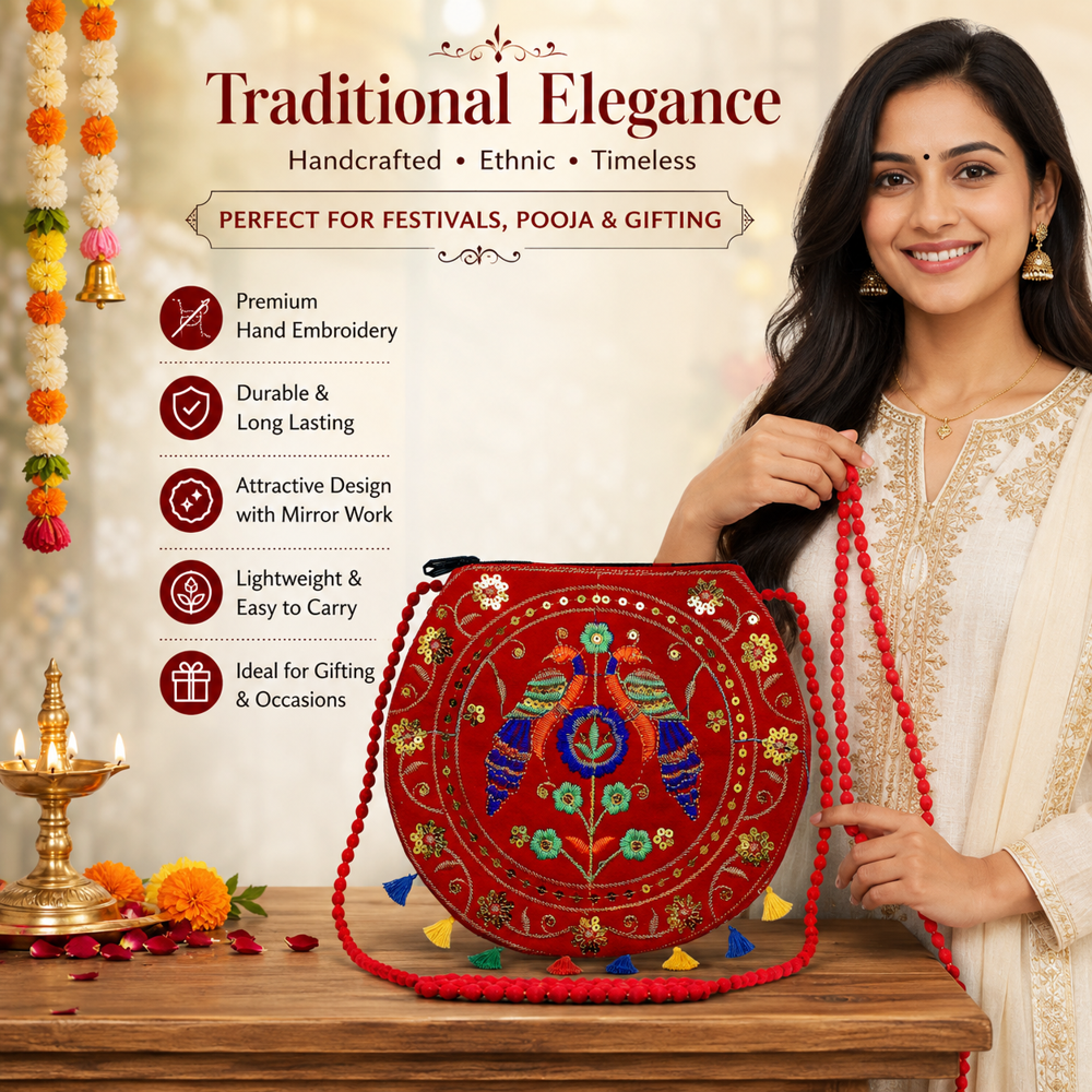 Red Ethnic Shoulder Sling Purse With Long Strap - Design: Traditional