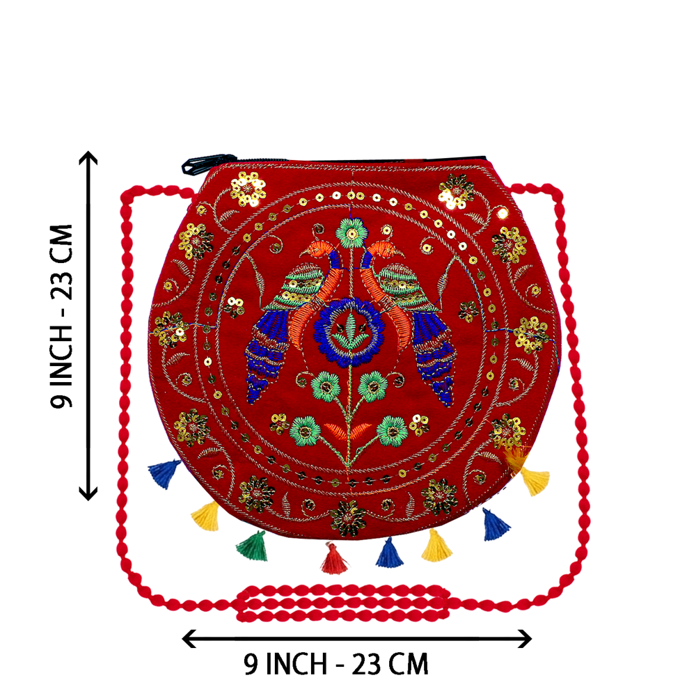Red Ethnic Shoulder Sling Purse with Long Strap