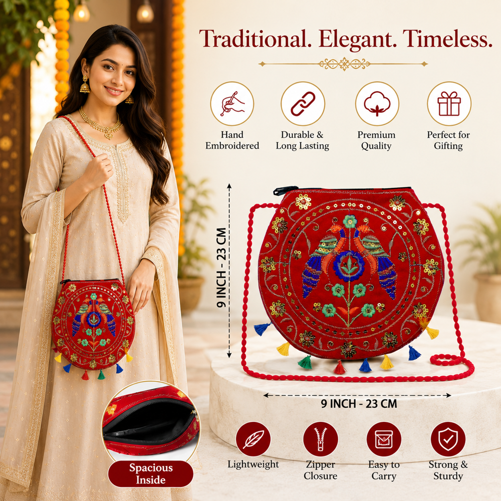 Red Ethnic Shoulder Sling Purse with Long Strap