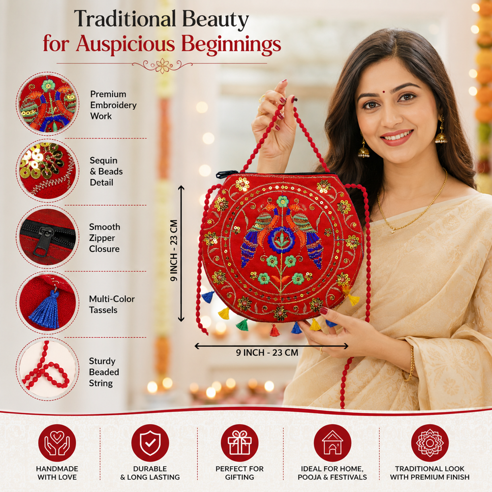 Women Peacock Embroidery Designer Sling Bag - Color: Red