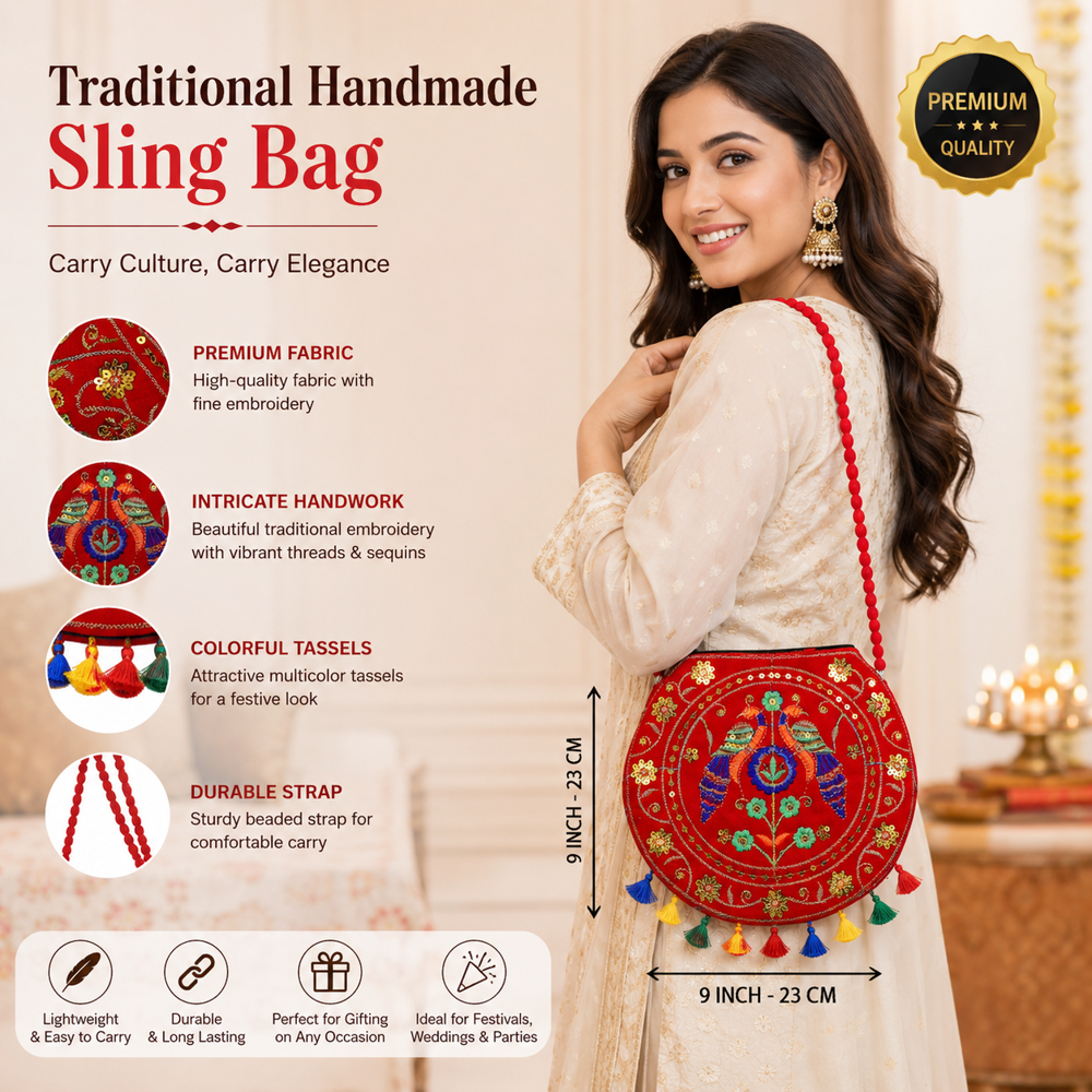 Red Designer Ethnic Sling Bag with Tassel Work