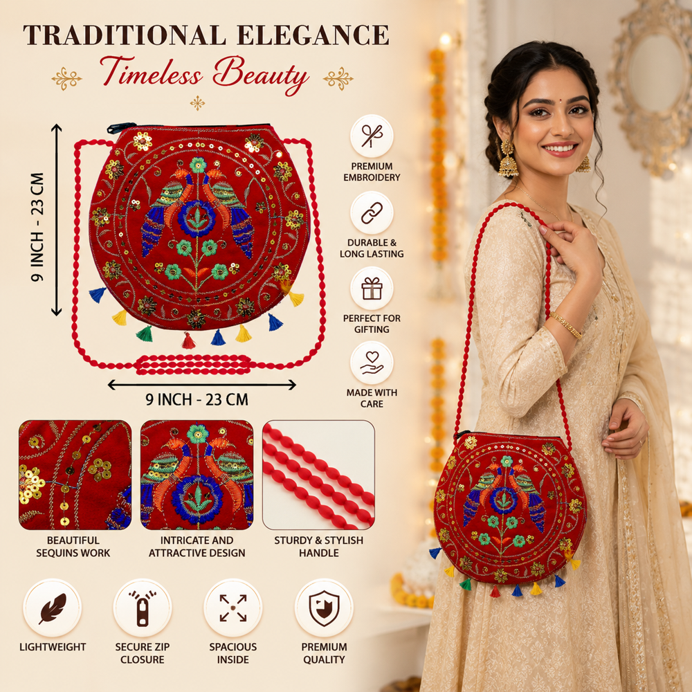 Women Red Peacock Work Sling Purse