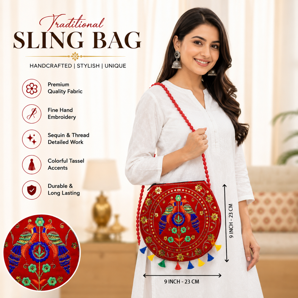 Ethnic Embroidered Designer Shoulder Bag - Color: Red
