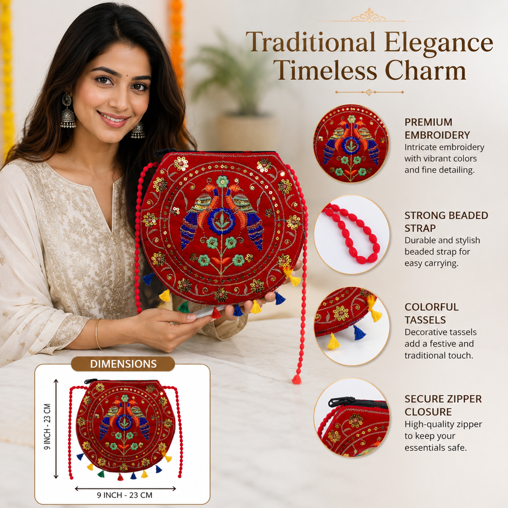Women Hand Embroidery Sling Bag With Tassels - Color: Red