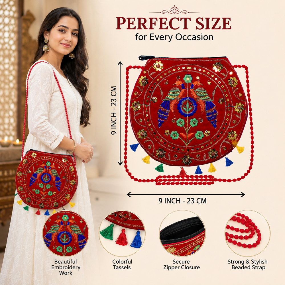 Women Hand Embroidery Sling Bag with Tassels