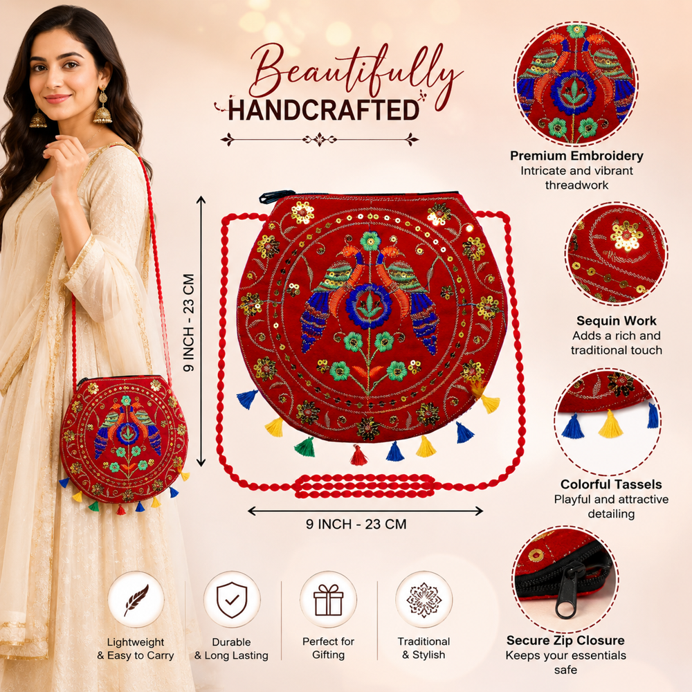 Women Hand Embroidery Sling Bag with Tassels