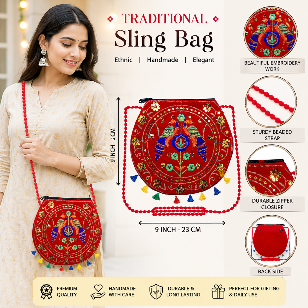 Women Ethnic Handcrafted Crossbody Bag - Color: Red