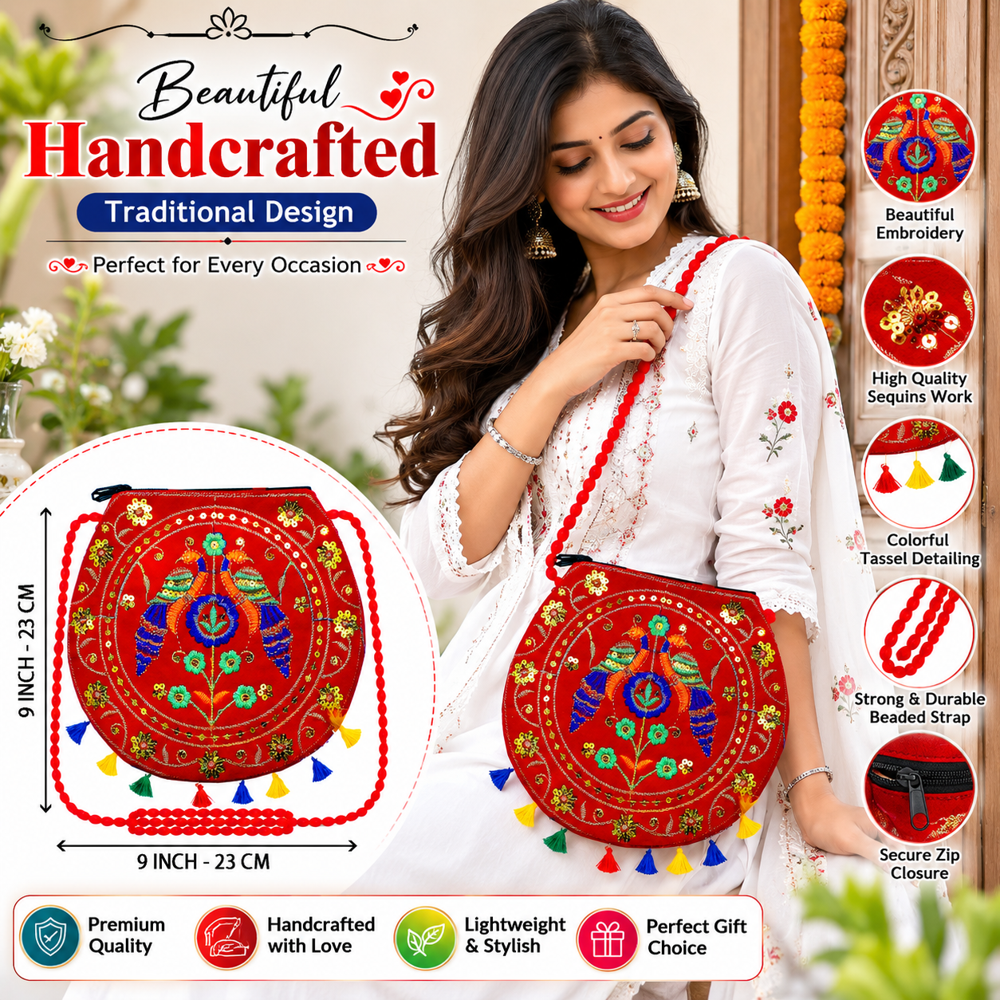 Red Embroidered Shoulder Sling Purse for Girls