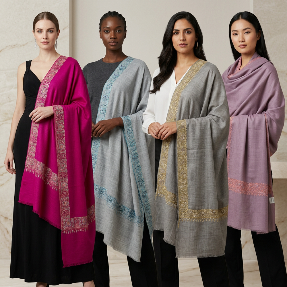 Fine Merino Wool Hand Sozni Work Palla Dar Stoles - Color: Asorted