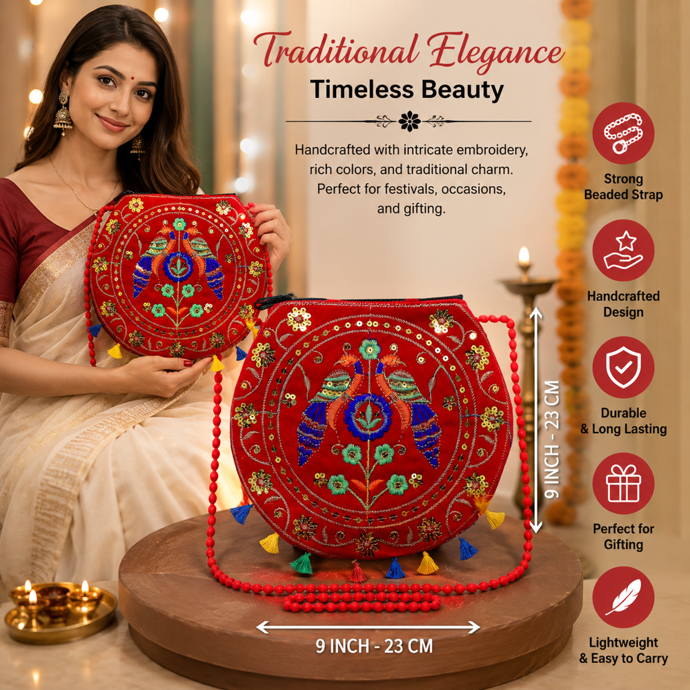 Women Red Handwork Crossbody Sling Bag - Design: Traditional