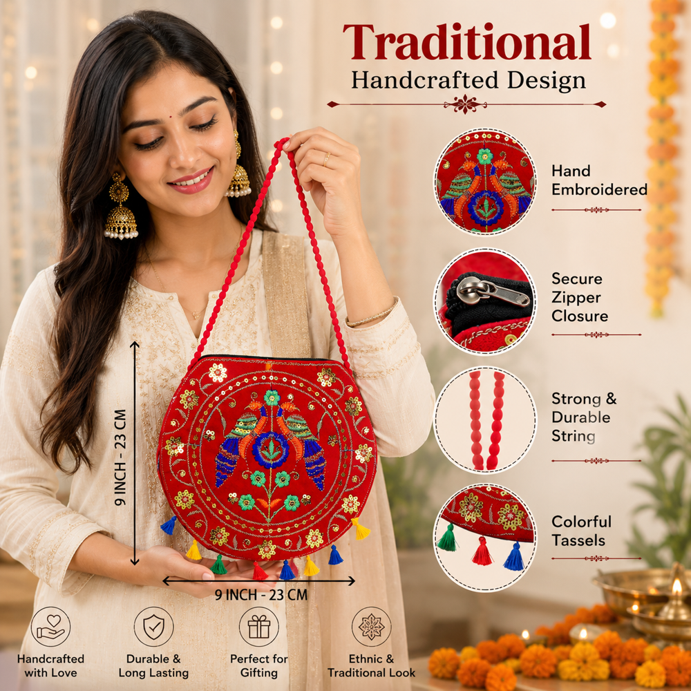 Red Handcrafted Embroidery Sling Bag For Women - Design: Traditional
