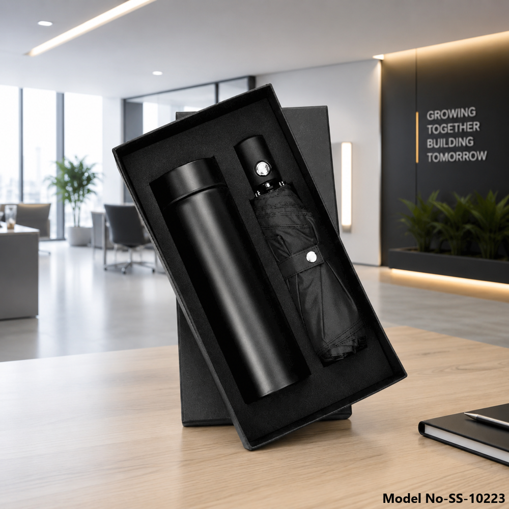 Premium 2-In-1 Temperature Bottle & Foldable Umbrella Gift Set (Ss-10223) - Color: Black