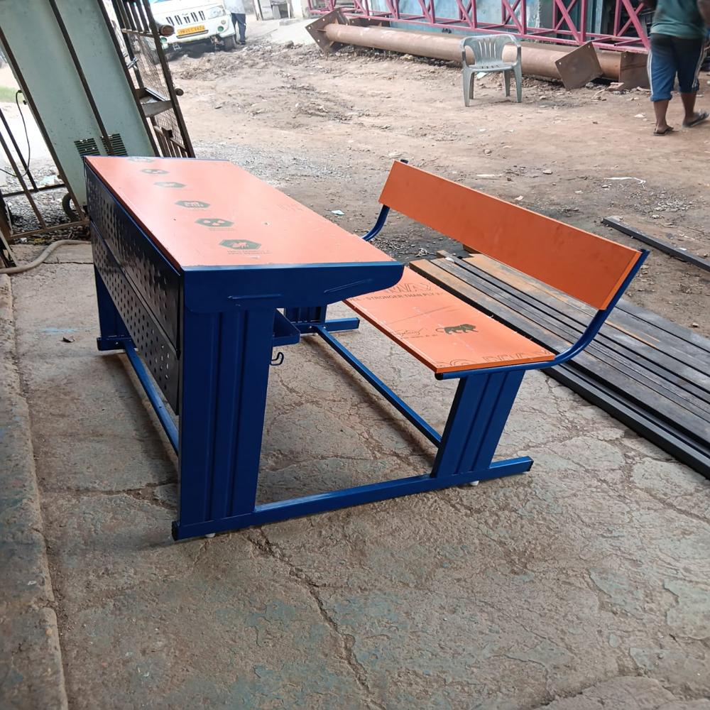Dual Desk Bench - Powder-coated Mild Steel Frame, Engineered Wood Top, Yellow White, With Backrest And Open Shelf Storage