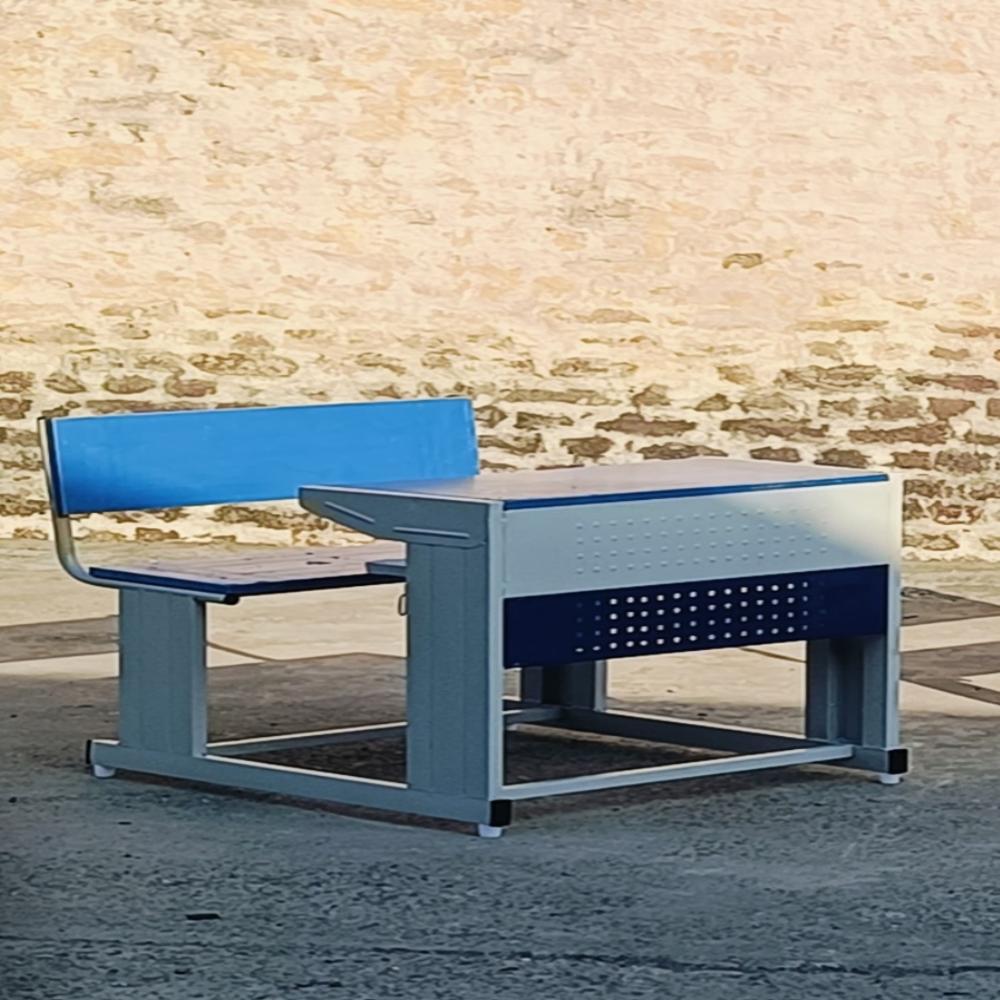 Dual Desk Bench - Powder-coated Mild Steel Frame, Engineered Wood Top, Yellow White, With Backrest And Open Shelf Storage