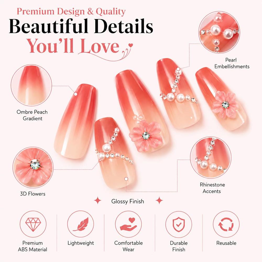 Cherrybox - Acrylic Short Squoval False Nails | Glossy Black Floral Design With Diamond Accents, Includes Jelly Glue Adhesive Tabs