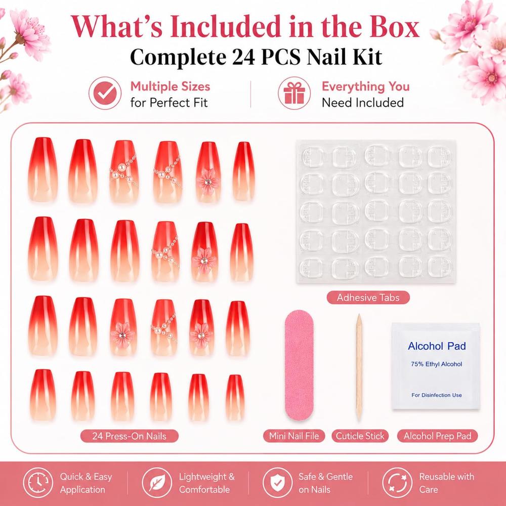 Cherrybox - Acrylic Short Squoval False Nails | Glossy Black Floral Design With Diamond Accents, Includes Jelly Glue Adhesive Tabs