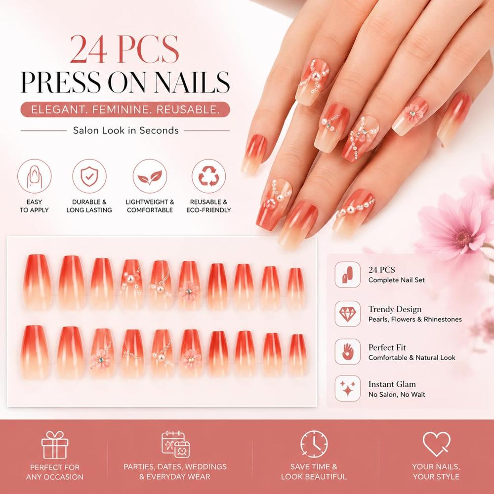 Cherrybox - Acrylic Short Squoval False Nails | Glossy Black Floral Design With Diamond Accents, Includes Jelly Glue Adhesive Tabs