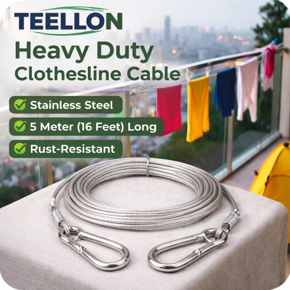 3 Meter (3mm) Heavy Duty Stainless Steel Clothesline Wire Rope With Carabineer Hooks