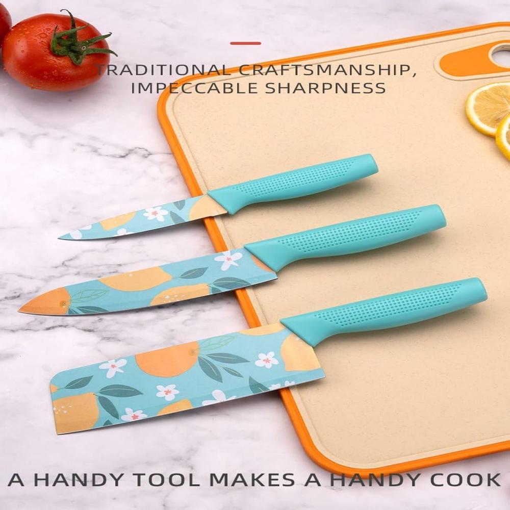 3 Pcs Printed Knife Set Steel Knife Kitchen Knife Set Blue