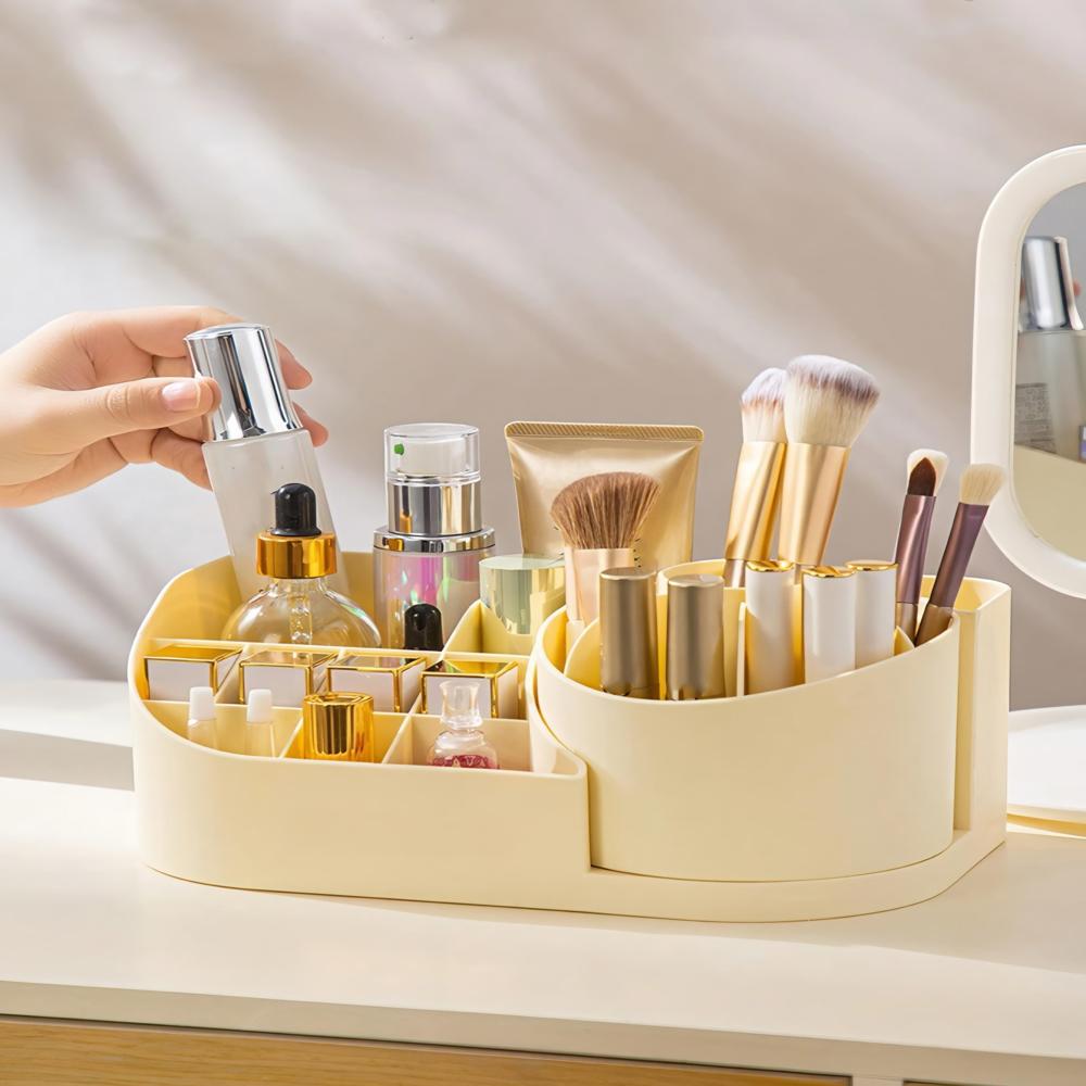 MAKEUP ORGANIZER WITH 360 ROTATING BRUSH HOLDER